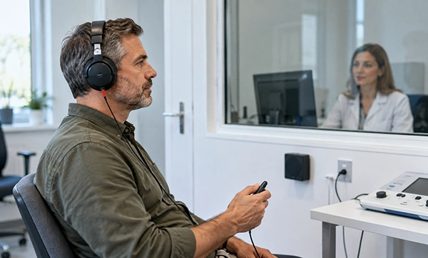 Páciens fejhallgatóval hallásvizsgálaton vesz részt egy audiológiai rendelőben.